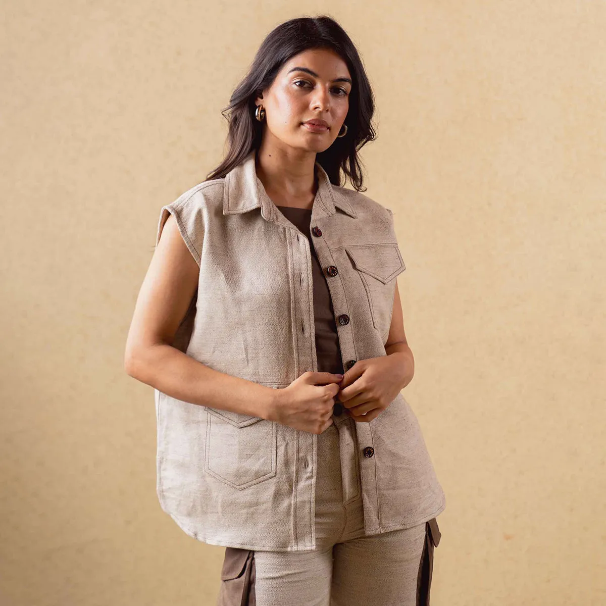 Tencel Solid Jacket For Women | Sleeveless | Oversized Fit | Off White