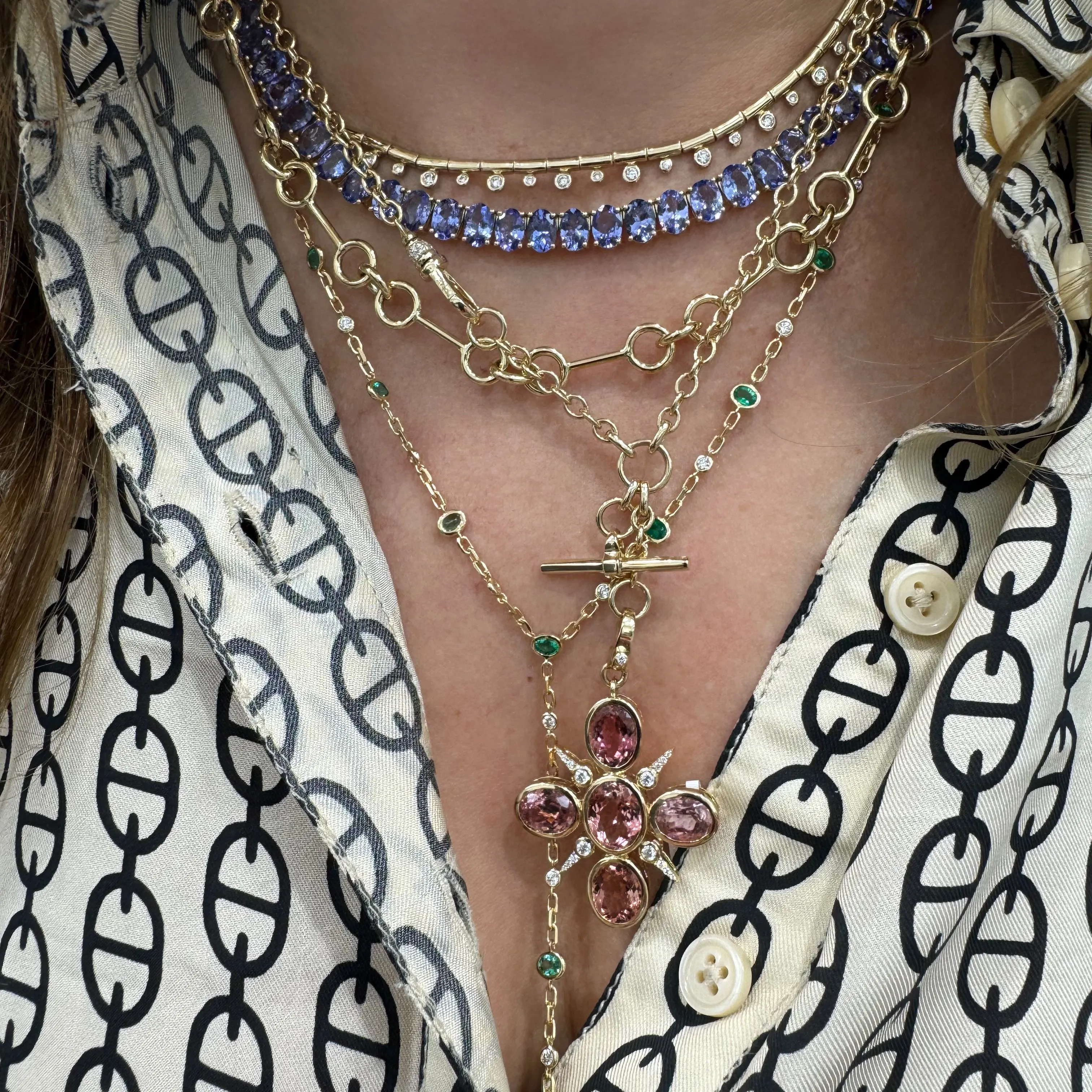 Triple Lariat Rolo Link Chain Necklace with Toggle