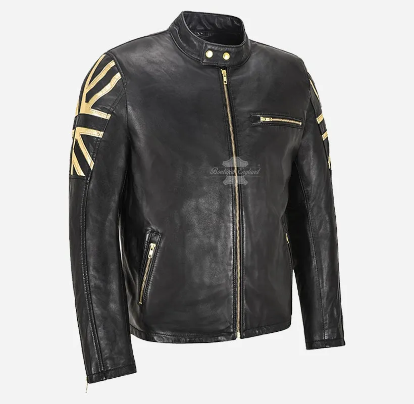 UNION JACK Golden Biker Leather Jacket For Men