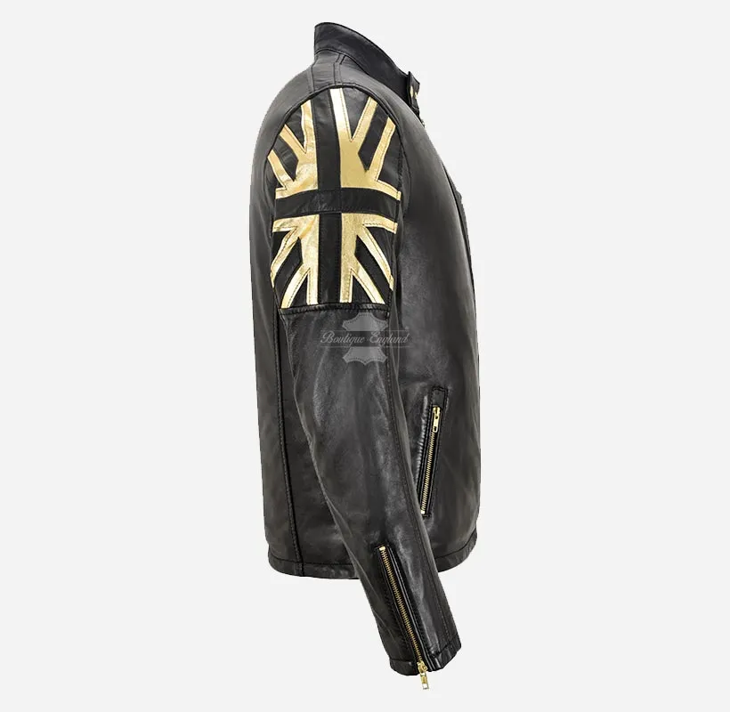 UNION JACK Golden Biker Leather Jacket For Men