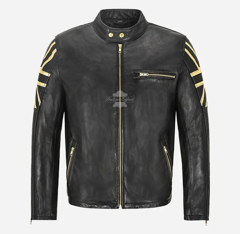 UNION JACK Golden Biker Leather Jacket For Men