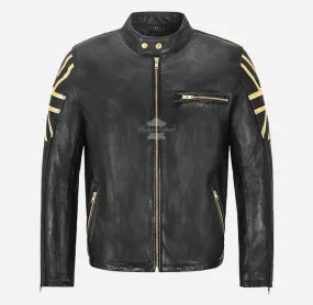 UNION JACK Golden Biker Leather Jacket For Men