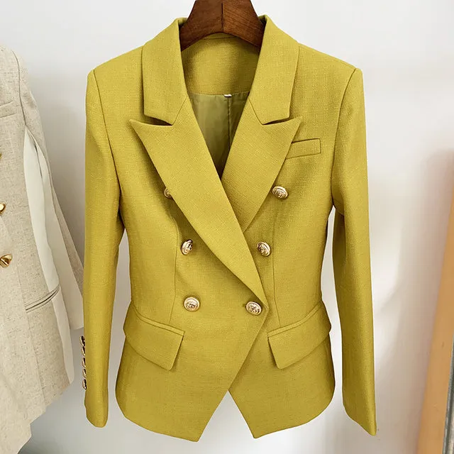 Wjczt HIGH STREET 2022 Classic Baroque Designer Blazer Jacket Women&#39;s Metal Lion Buttons Double Breasted Textured Blazer Mint Green