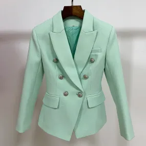 Wjczt HIGH STREET 2022 Classic Baroque Designer Blazer Jacket Women&#39;s Metal Lion Buttons Double Breasted Textured Blazer Mint Green