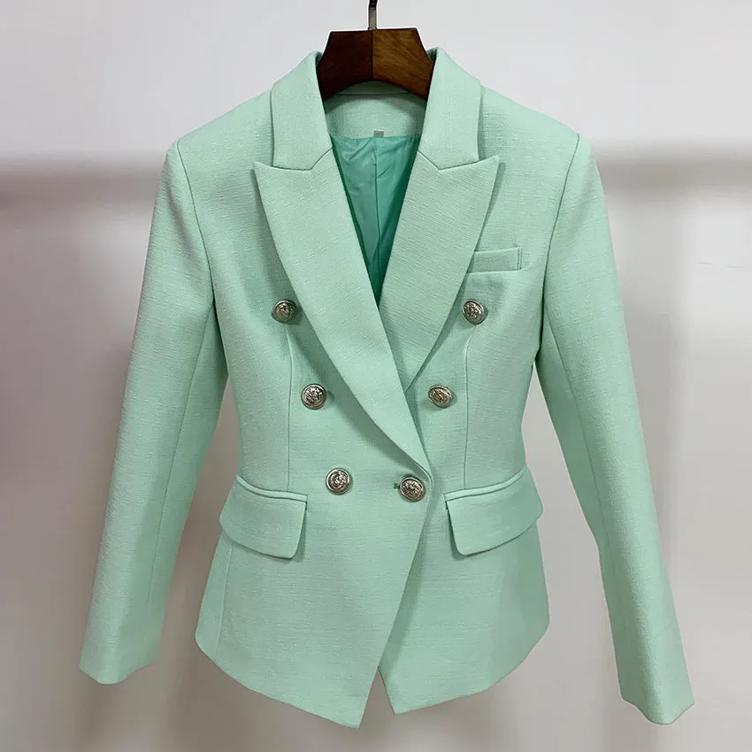 Wjczt HIGH STREET 2022 Classic Baroque Designer Blazer Jacket Women&#39;s Metal Lion Buttons Double Breasted Textured Blazer Mint Green