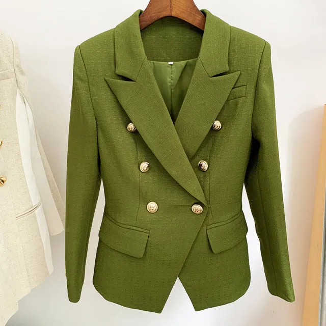 Wjczt HIGH STREET 2022 Classic Baroque Designer Blazer Jacket Women&#39;s Metal Lion Buttons Double Breasted Textured Blazer Mint Green